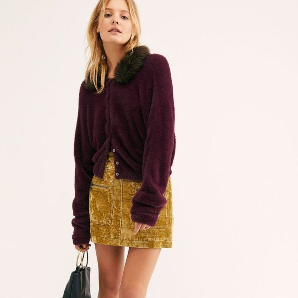 Free People Women's Dust To Dust Velvet Skirt Mustard Yellow Green Textured Mini